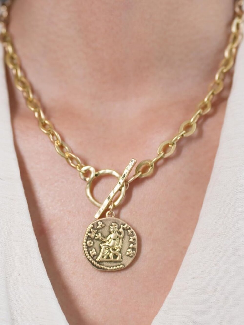 Chunky Coin Antique Gold Plated Thick Link Chain Layered Pendant Necklace for Wo - Picture 3 of 7